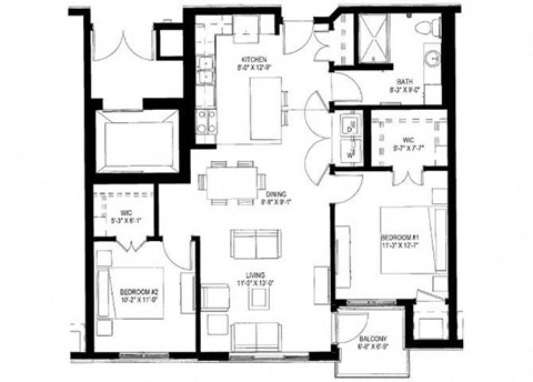 Floor plan for 2 beds, 1 bath, 1029 sqft
